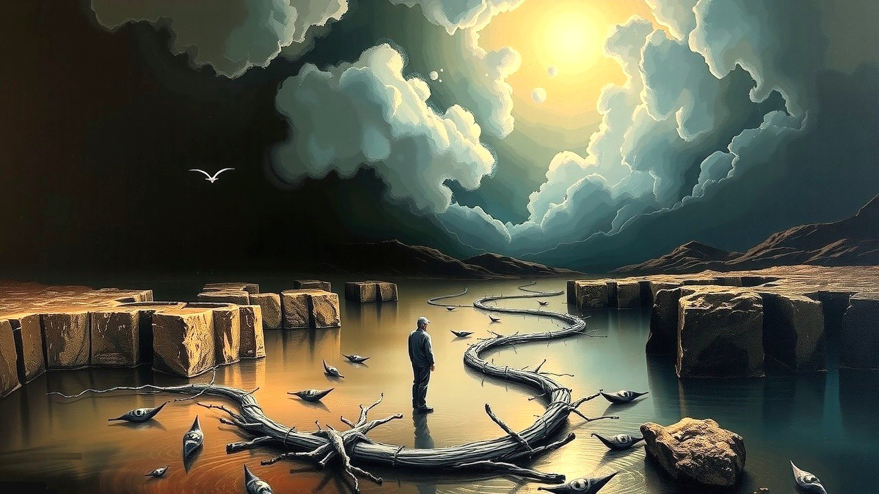 Surreal Landscape with Solitary Figure and Reflective Water