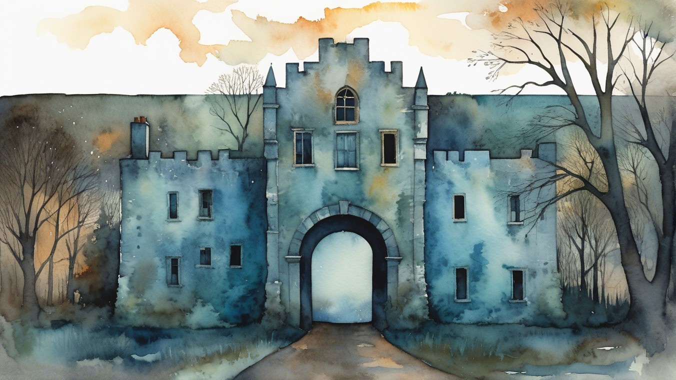 Watercolor Painting of a Gothic Stone Castle at Dusk