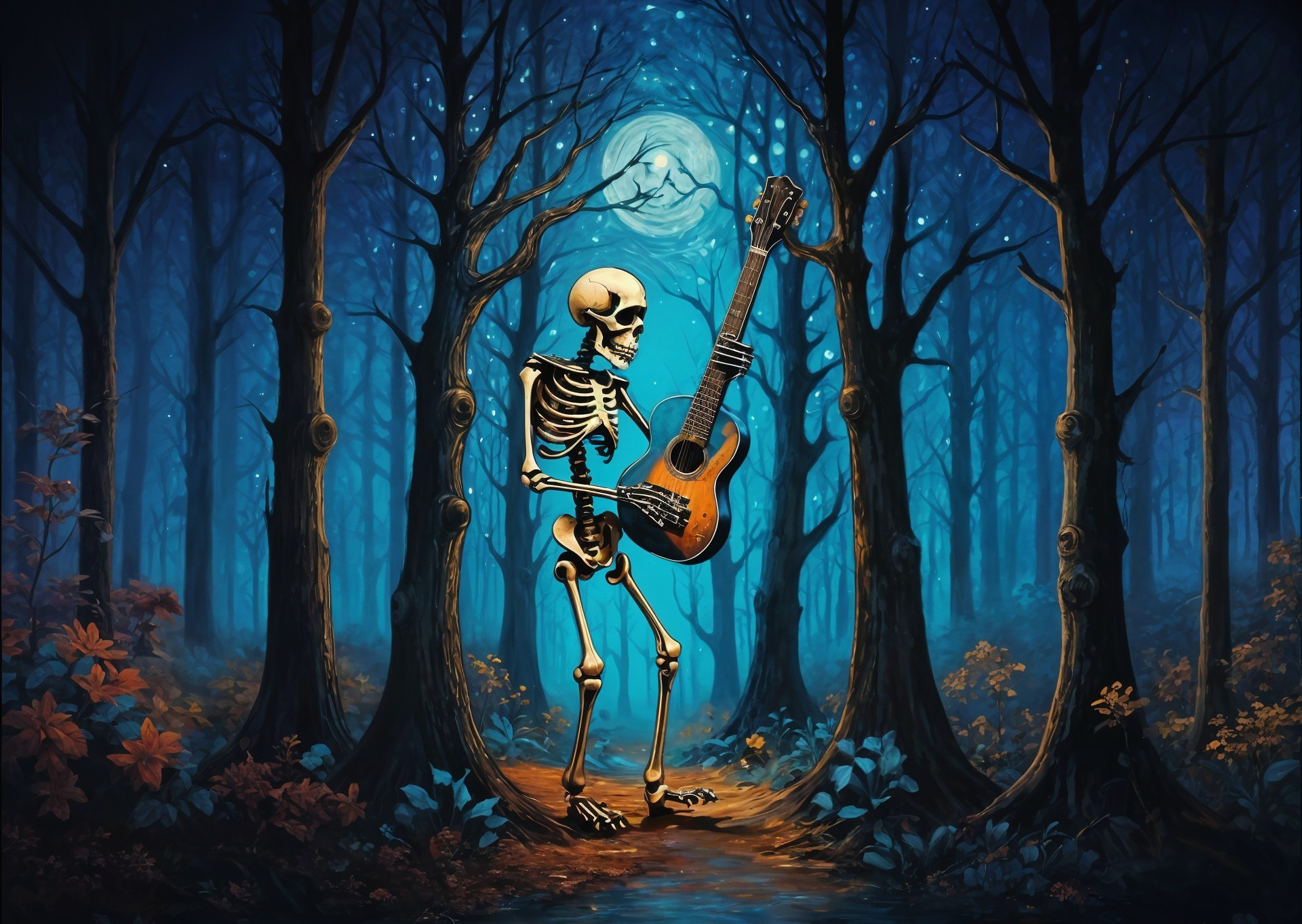 Skeleton Playing Guitar in Mystical Moonlit Forest