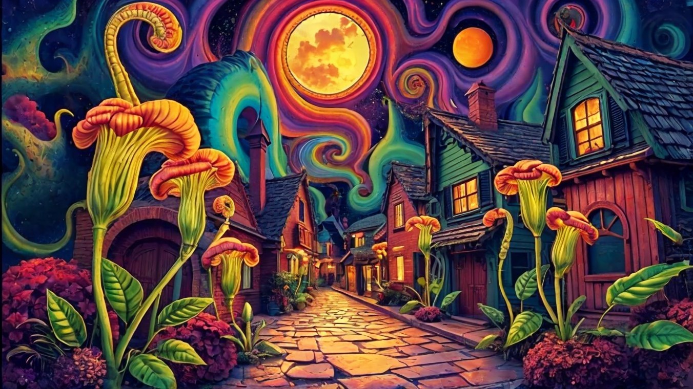 Whimsical Street Scene with Vibrant Skies and Moon