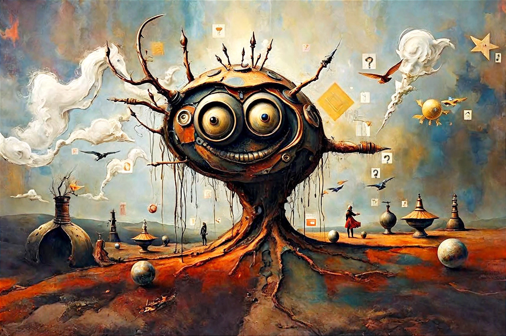 Surreal Landscape with Whimsical Tree and Fantastical Elements