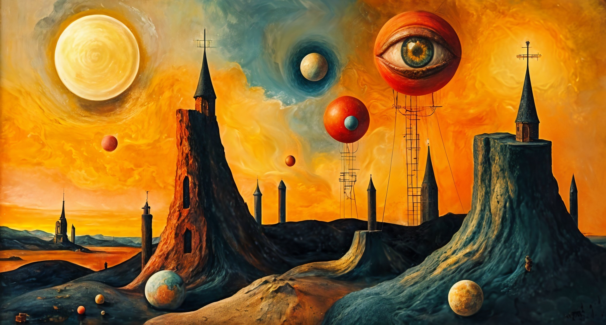 Surreal Landscape with Spires and Vibrant Sunset