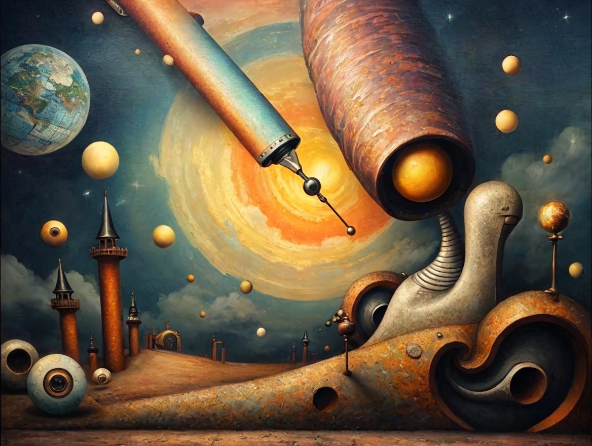 Surreal landscape with telescope and whimsical creatures
