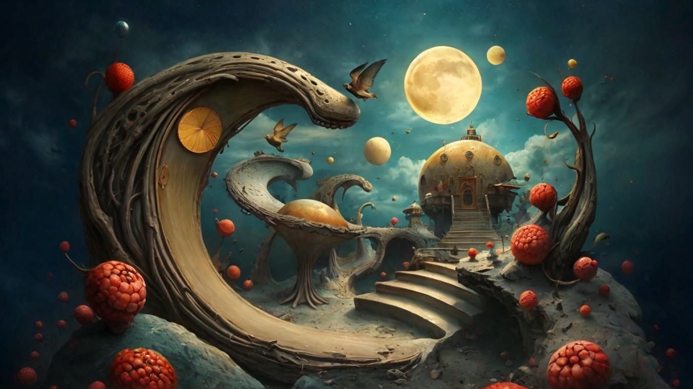 Whimsical landscape with surreal trees and vibrant forms
