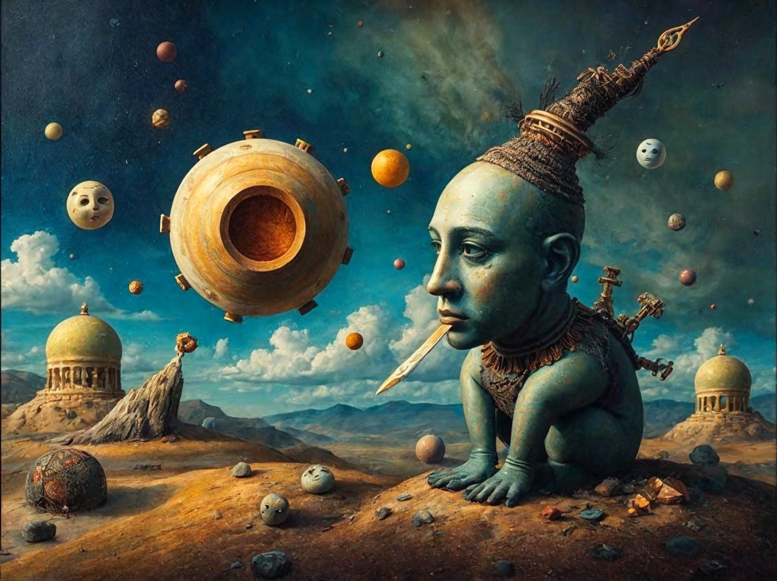 Surreal Landscape with Humanoid Figure and Celestial Bodies