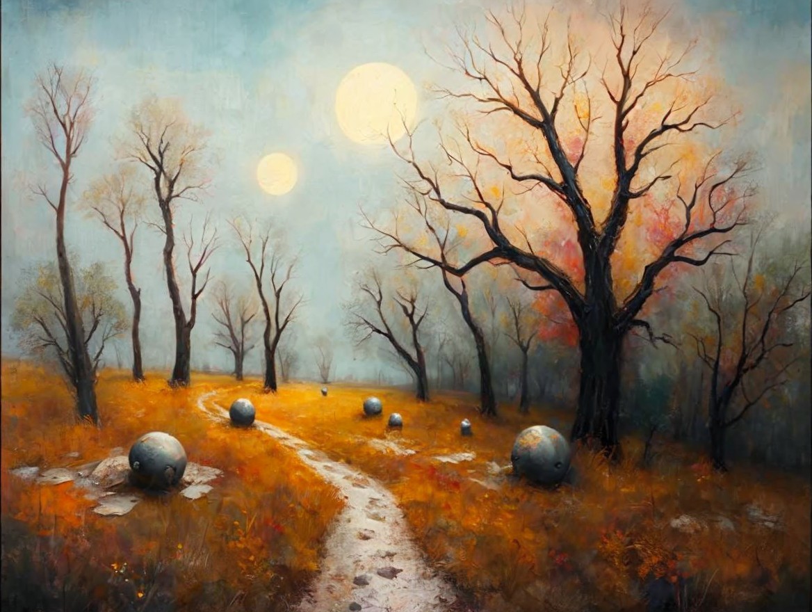 Serene Landscape with Winding Path and Glowing Orbs
