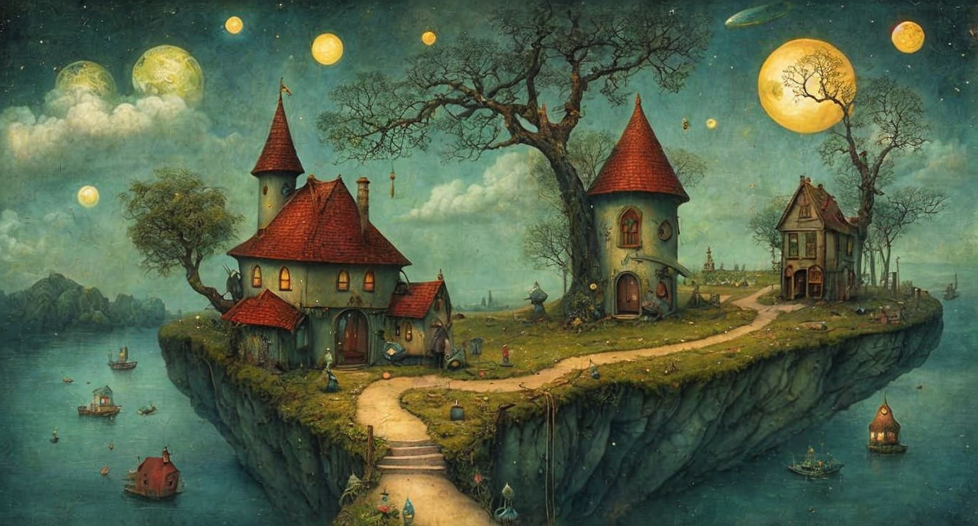 Whimsical Floating Island with Fairy-Tale Houses