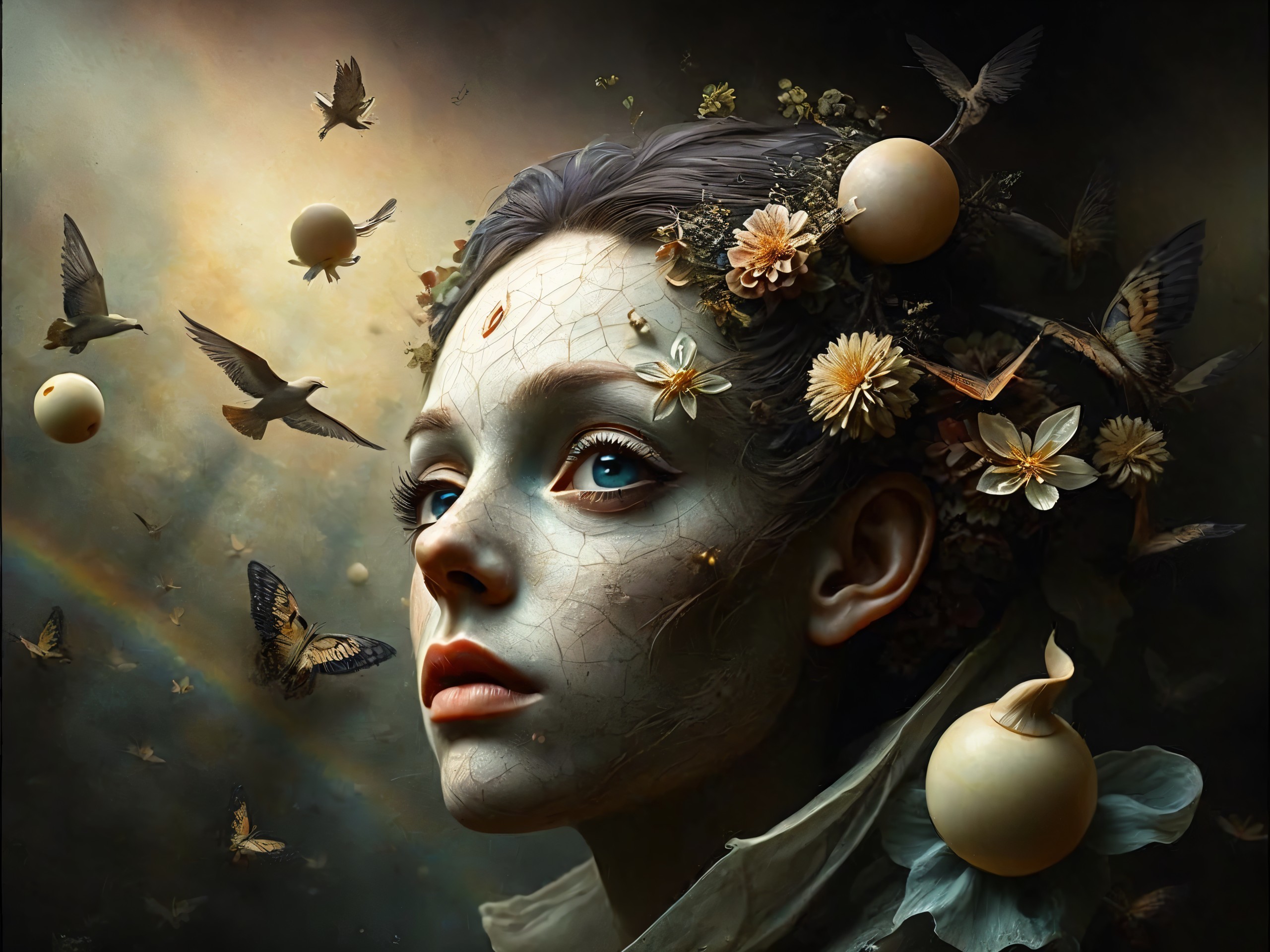 Surreal Portrait of Woman with Floral Headdress