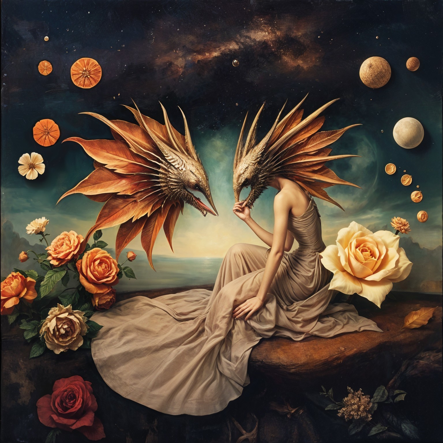 Surreal Scene of Figures with Dragon Headdresses