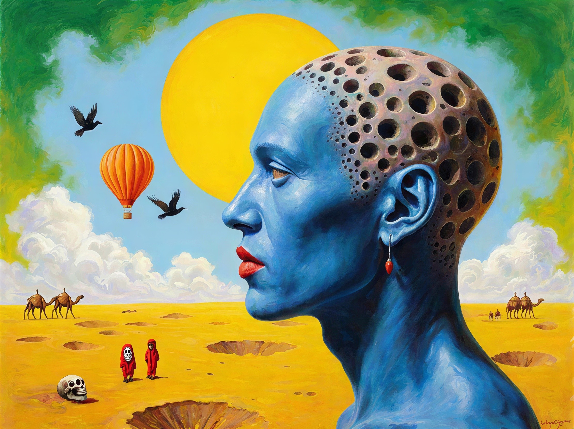Surreal Oil Painting of Blue Figure in Yellow Desert