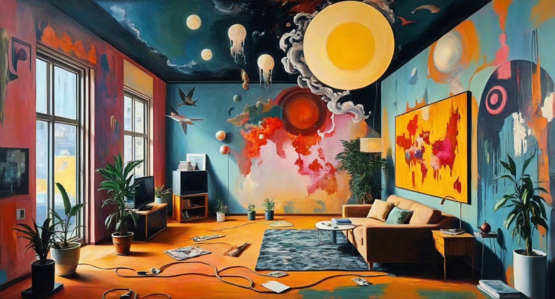 Surreal Living Room with Abstract Mural and Colors