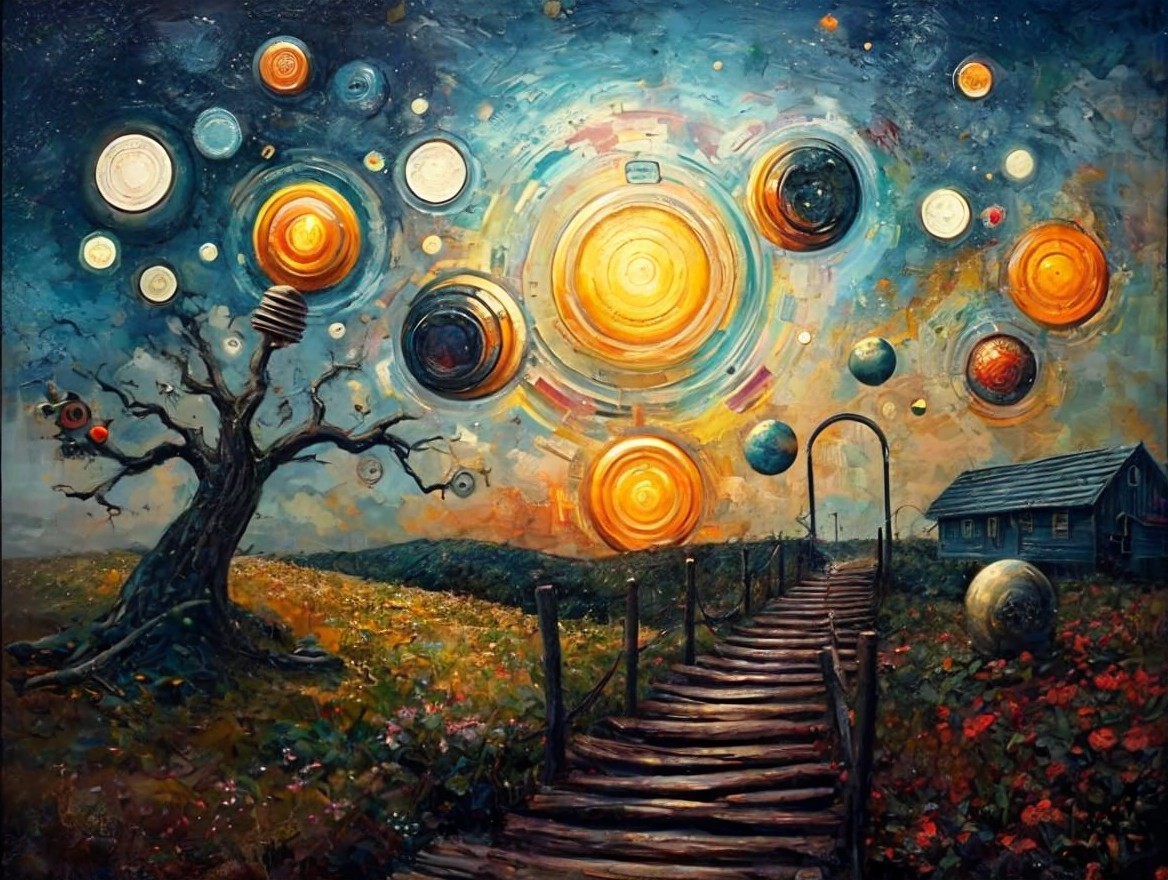 Surreal Landscape with Wooden Path and Celestial Bodies