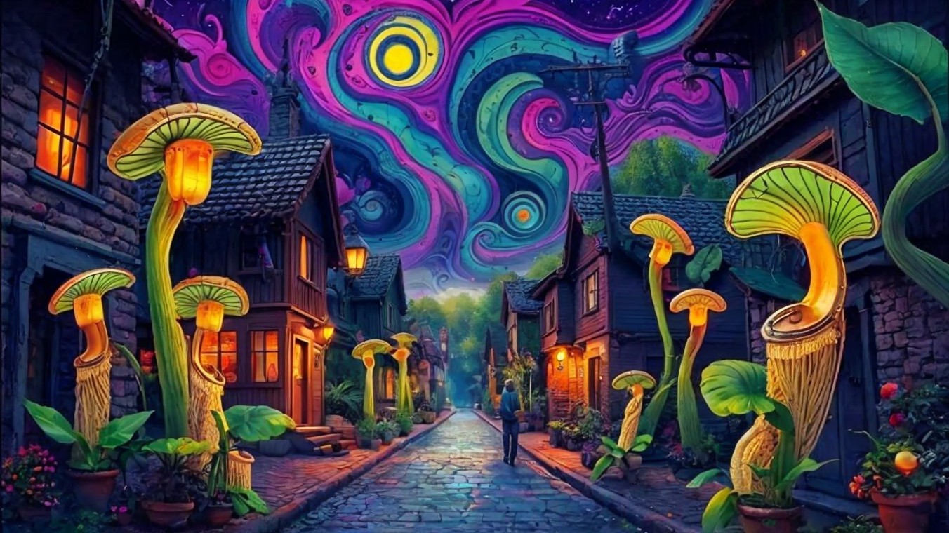 Whimsical Village with Illuminated Houses and Mushrooms
