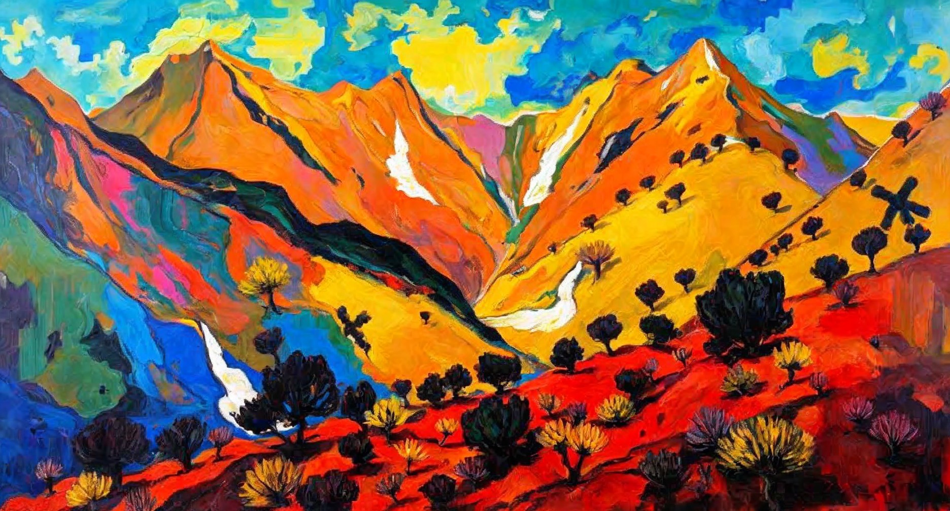 Vibrant Landscape Painting with Bold Colors and Mountains