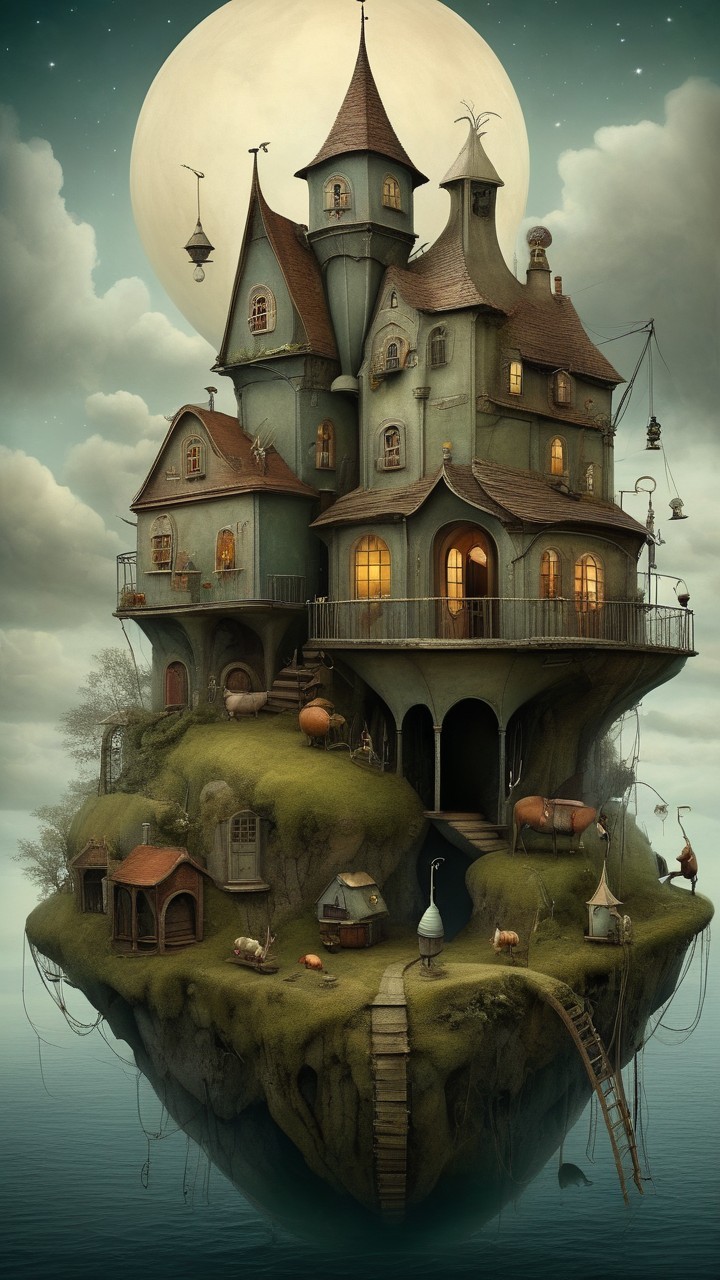 Whimsical Castle on Floating Island Surrounded by Mist