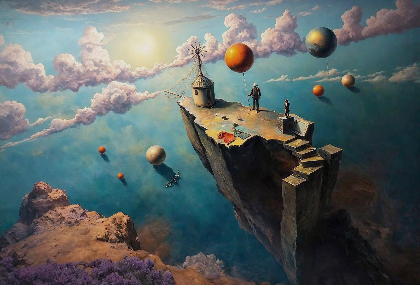 Surrealist Painting of Floating Cliff with Objects and Sky