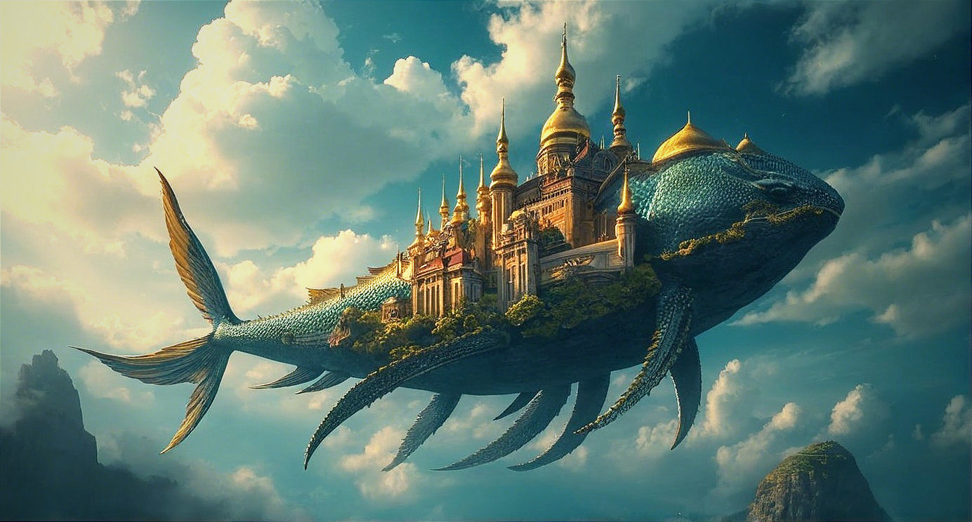 Oversized fish with castle in vibrant sky scene