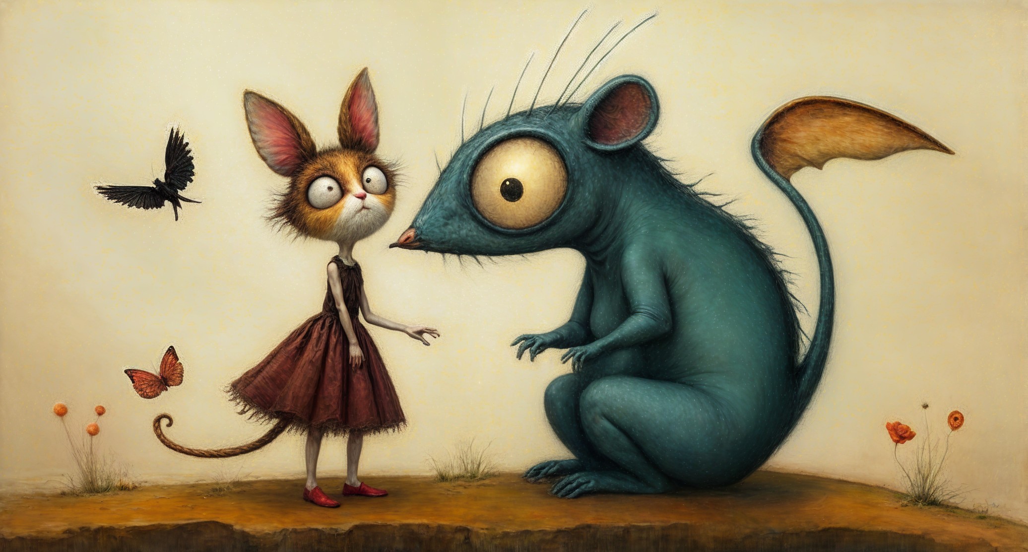 Whimsical Scene with Cat-Girl and Playful Creature