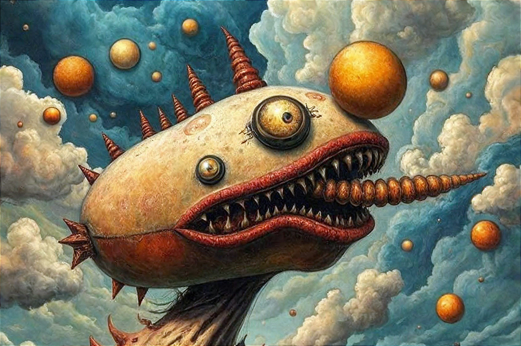 Surreal Creature with Spherical Head and Dreamlike Background