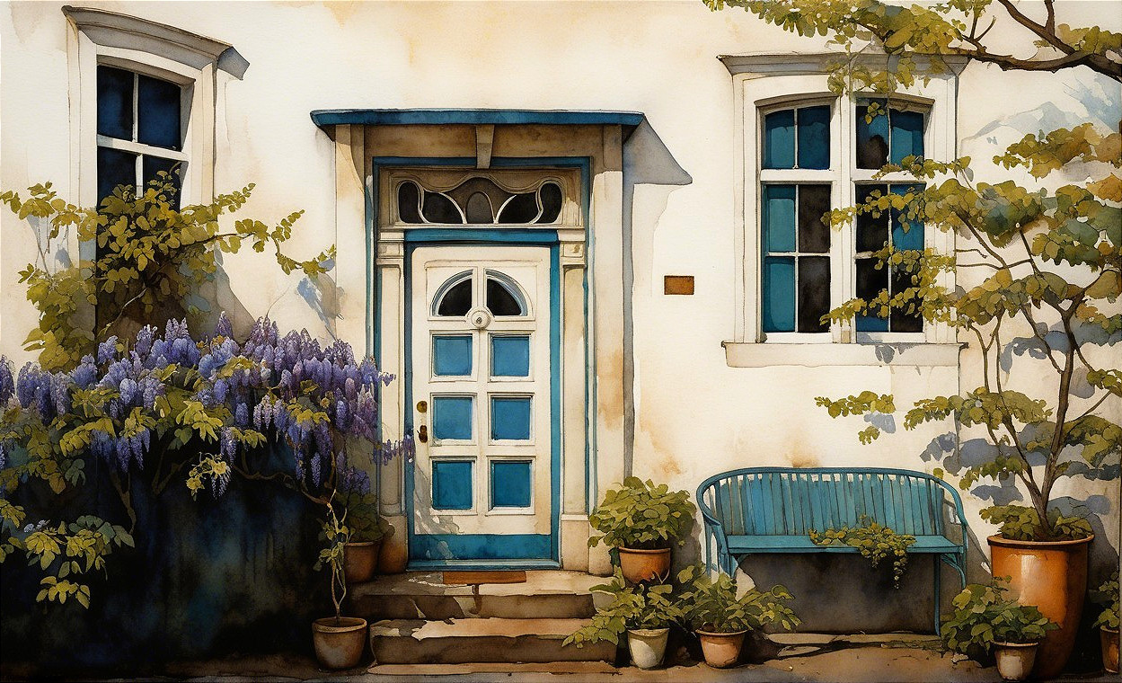 Charming Facade with Vintage Door and Lush Vines