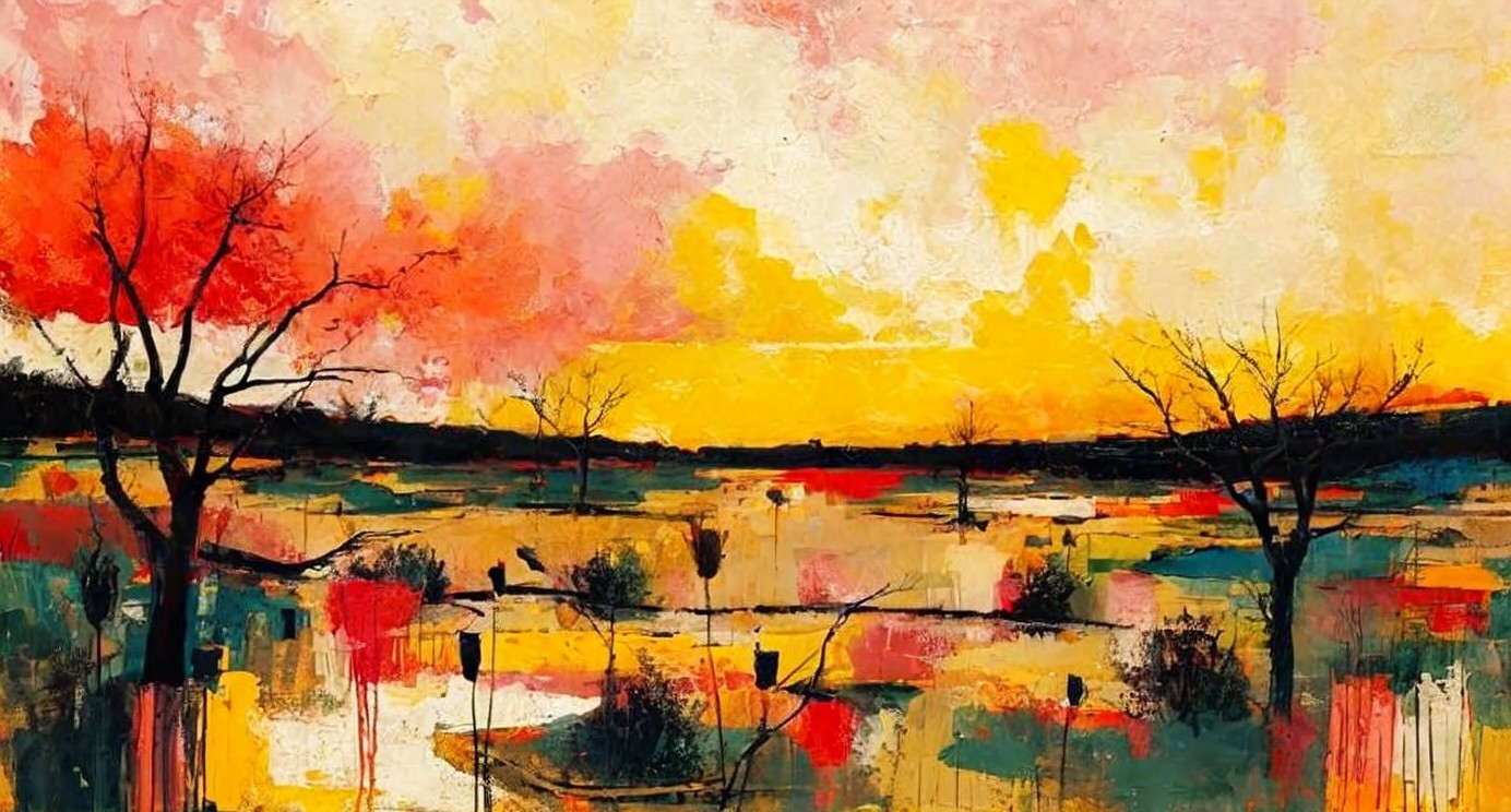 Abstract Landscape with Vibrant Colors and Silhouetted Trees
