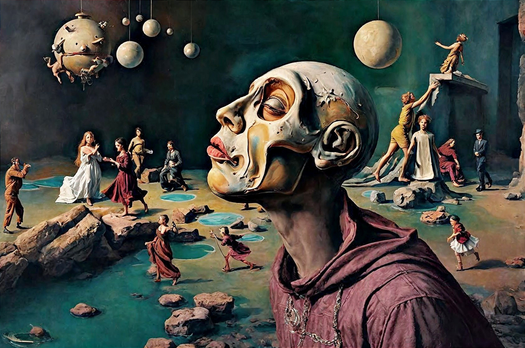 Large Melting Skull in Surreal Landscape Painting