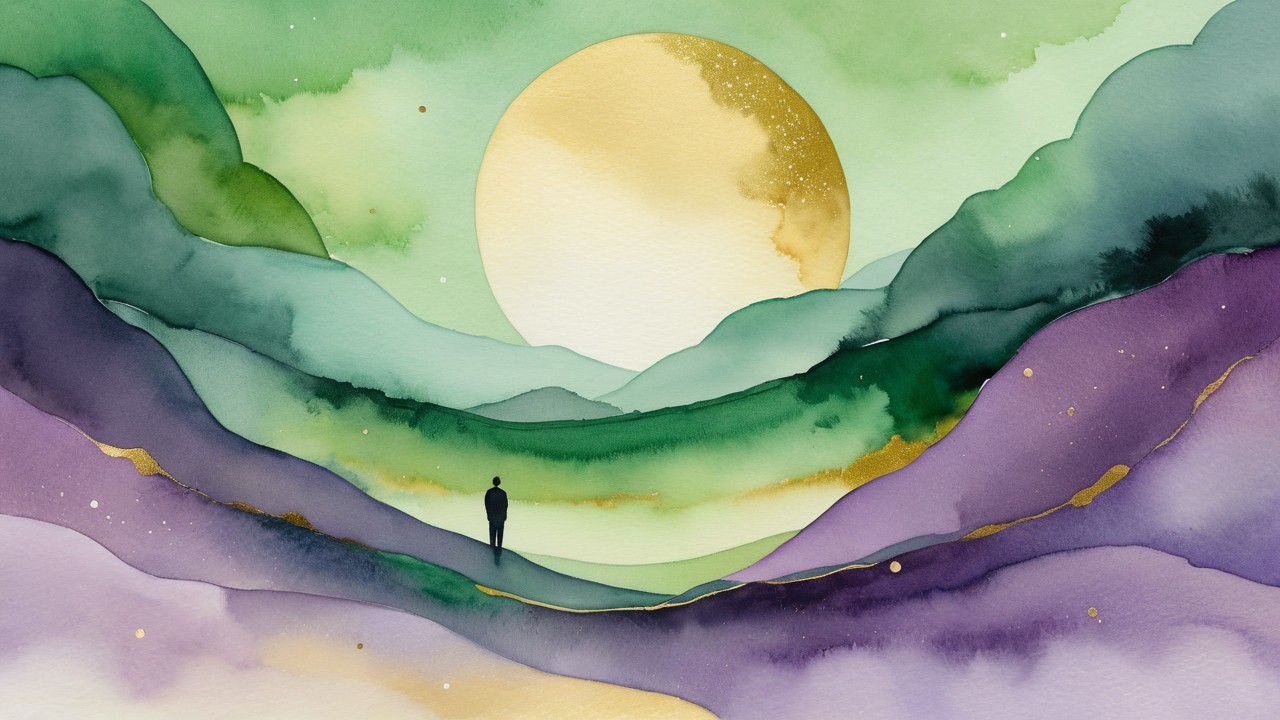Serene Watercolor Landscape with Hills and Sunlight
