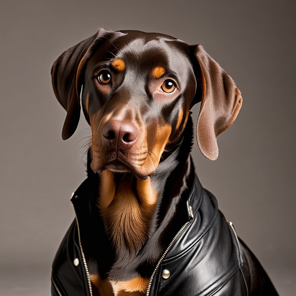 Stylish Doberman in Black Leather Jacket Against Neutral Background