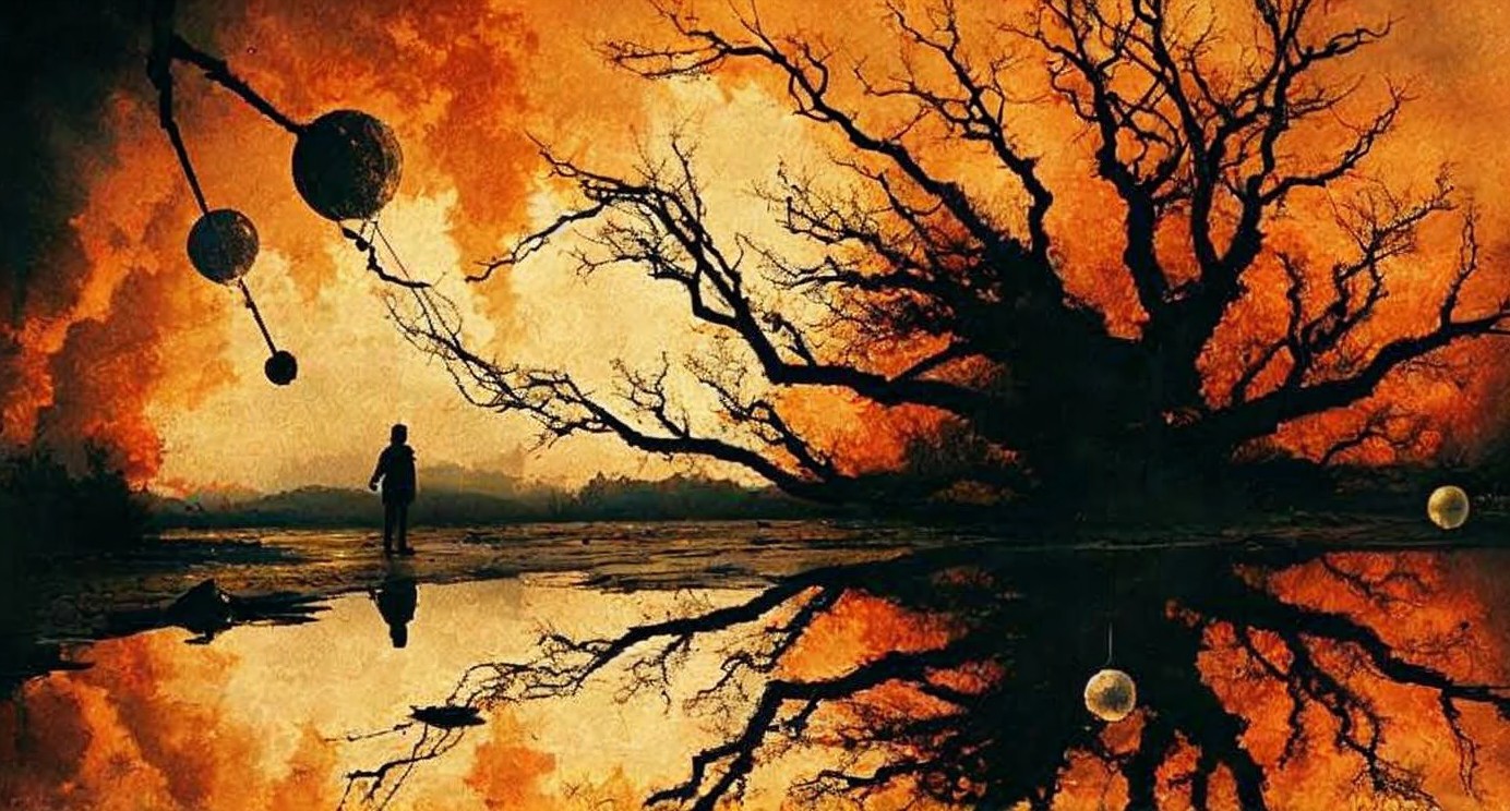 Solitary Figure in Surreal Landscape with Gnarled Tree