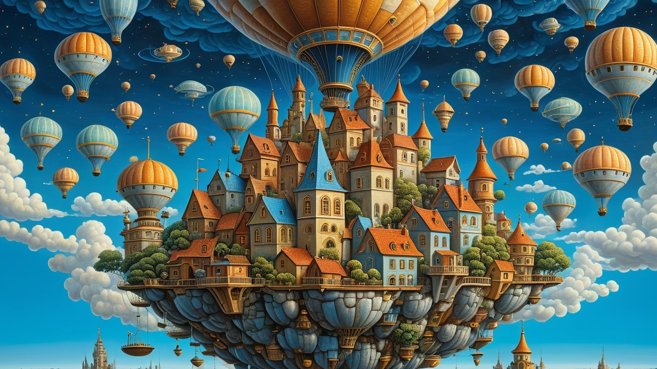 Floating Island with Whimsical Town and Hot Air Balloons