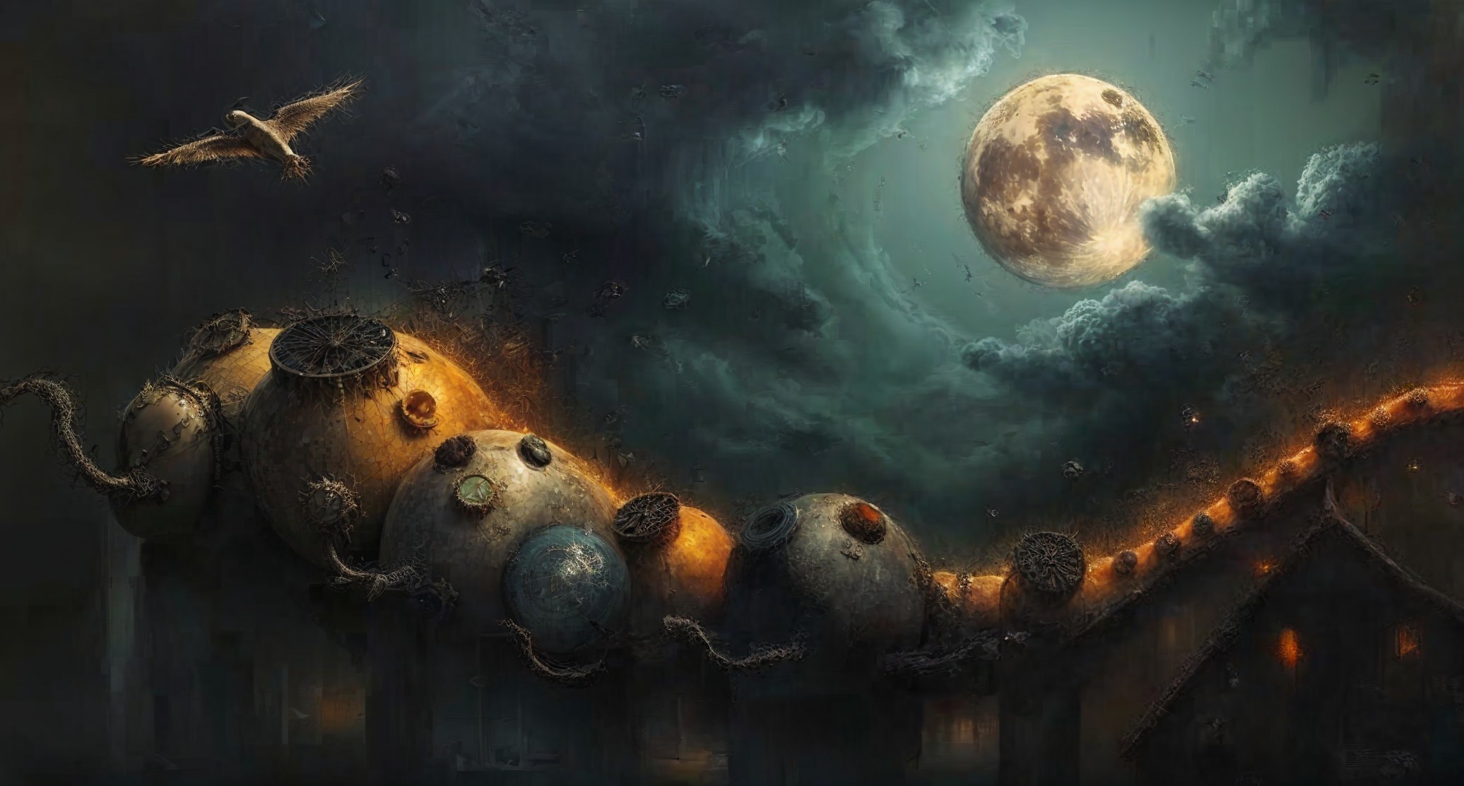 Surreal Landscape with Abstract Creature Under Moonlight
