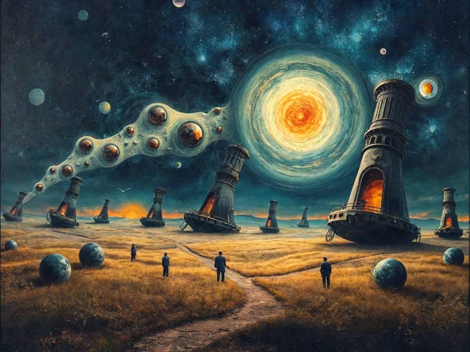 Surreal Landscape with Chimneys and Celestial Orbs