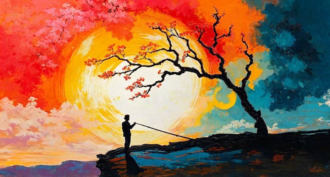 Sunset Over Blossoming Tree and Fishing Figures