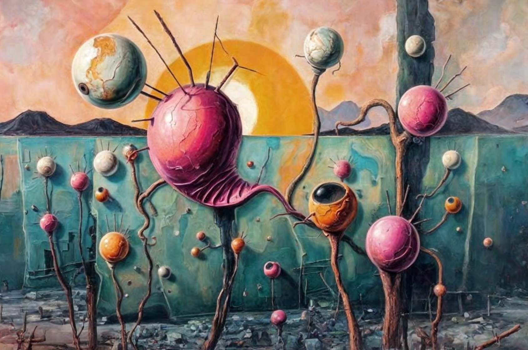 Surreal Landscape with Vibrant Flora and Sunlit Sea