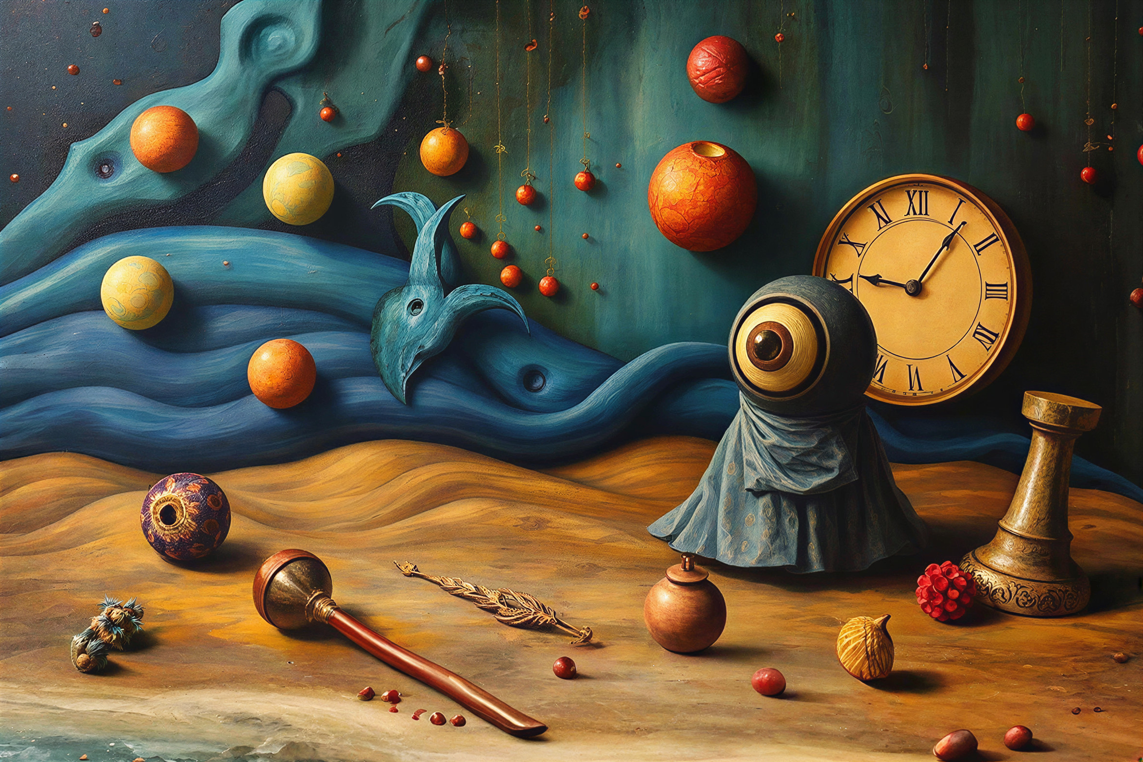 Surreal Landscape with Blue Waves and Floating Orbs