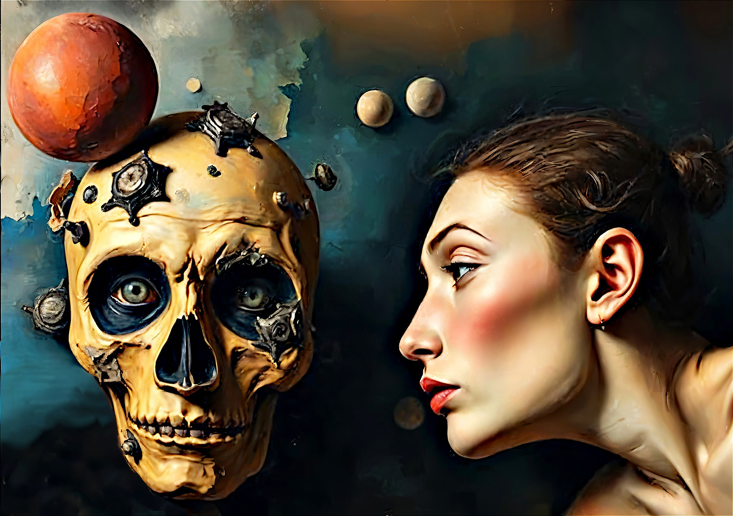 Art Nouveau Painting Featuring Skull and Woman Portrait