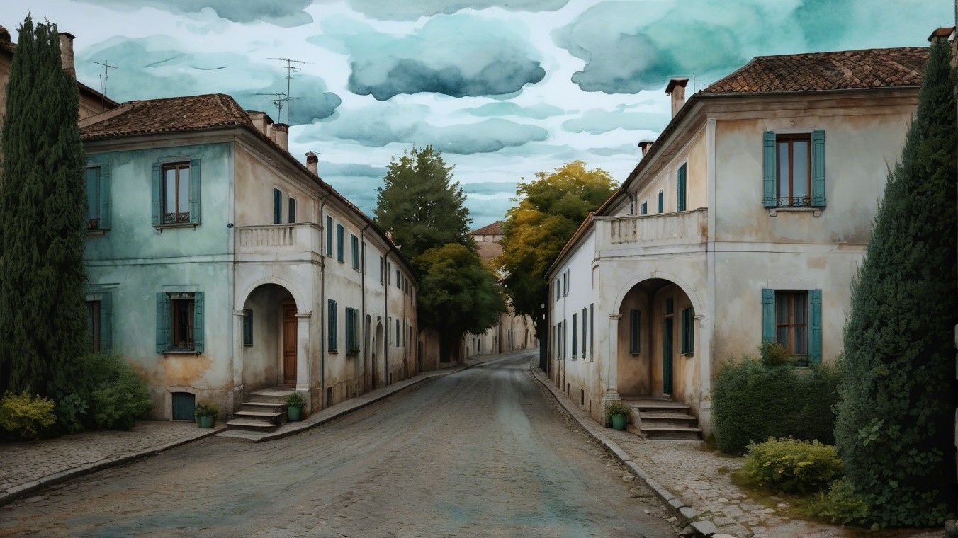 Charming Winding Street with Weathered Buildings and Trees