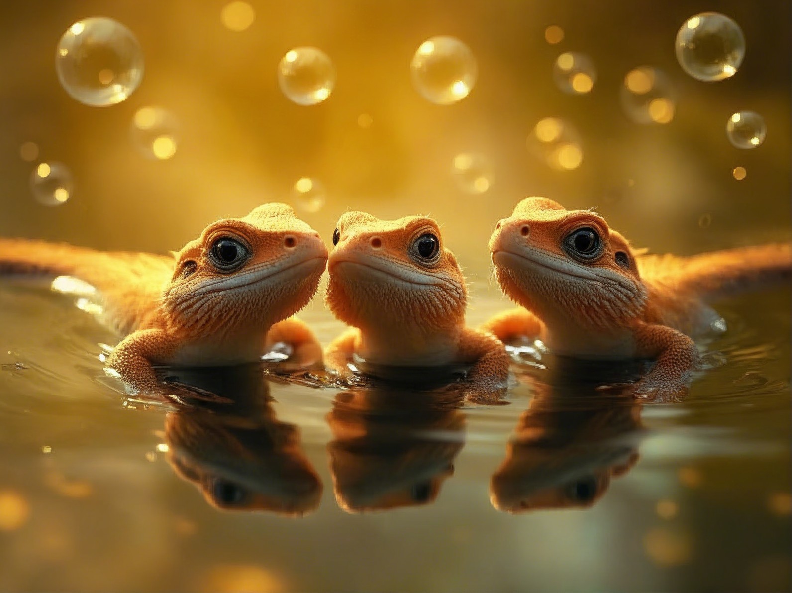 Vibrant Lizards Interacting in Tranquil Water Scene