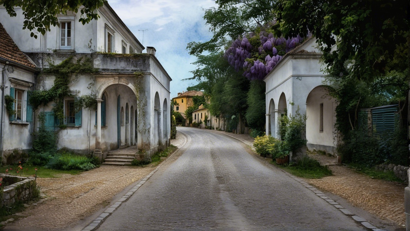 Charming Village Street Surrounded by Lush Greenery