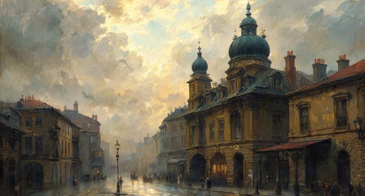 Charming City Street at Dusk with Historical Architecture