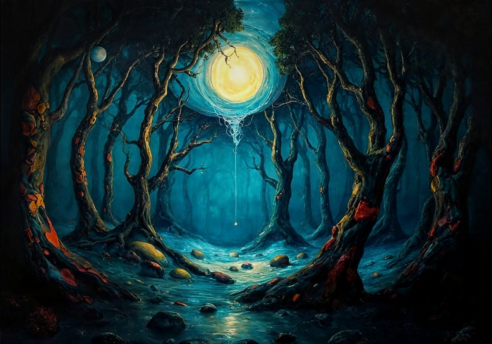 Mystical Forest with Twisted Trees and Full Moon