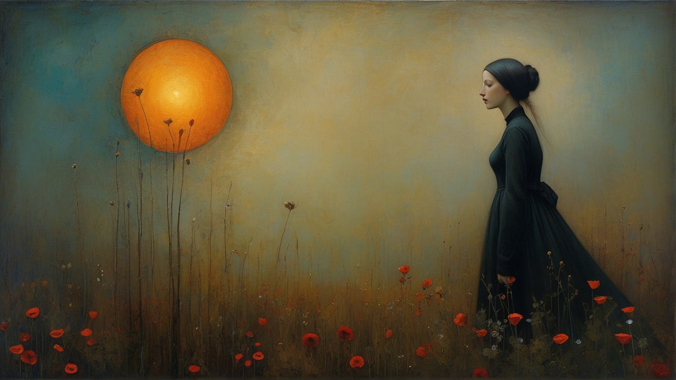 Serene Figure in Black Dress Among Red Poppies