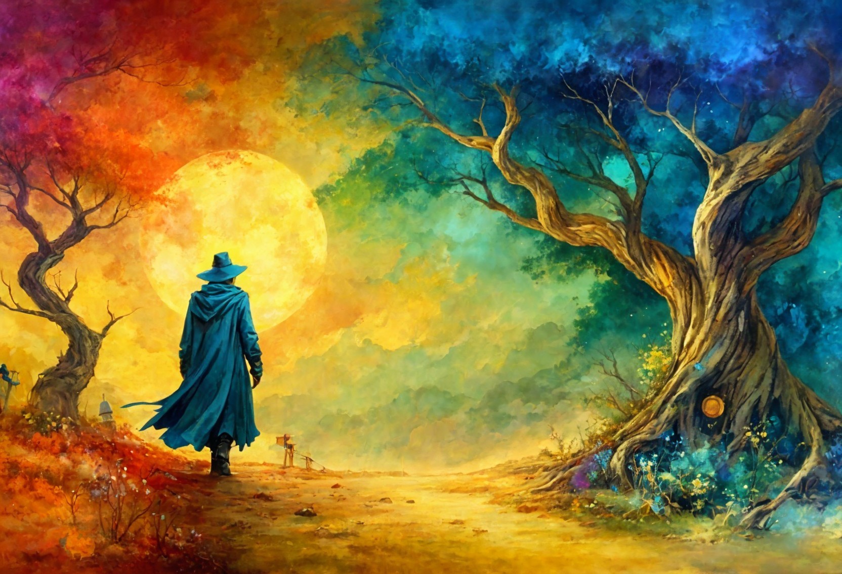 Lone Figure Walking on Vibrant Autumn Pathway