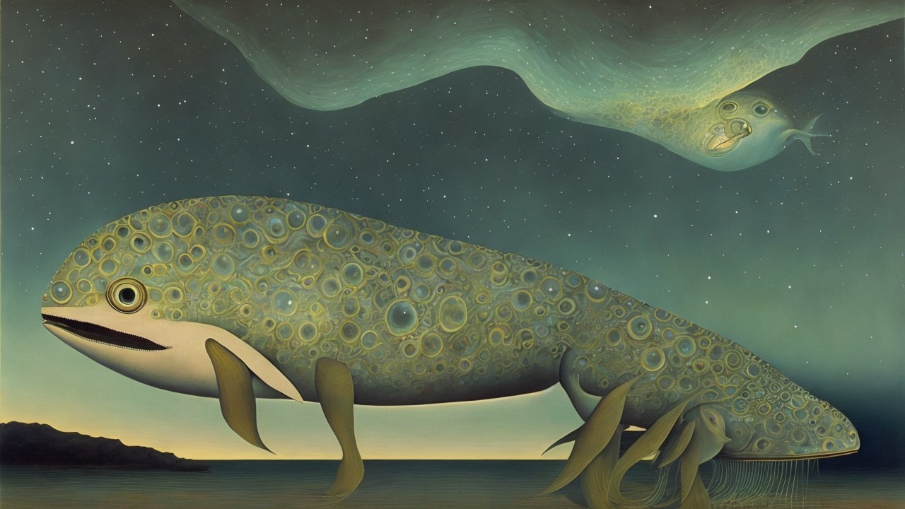Surreal Landscape with Stylized Fish and Twilight Sky
