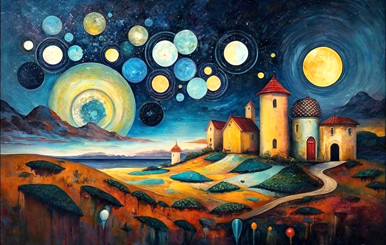 Dreamlike Landscape with Whimsical Buildings and Sky