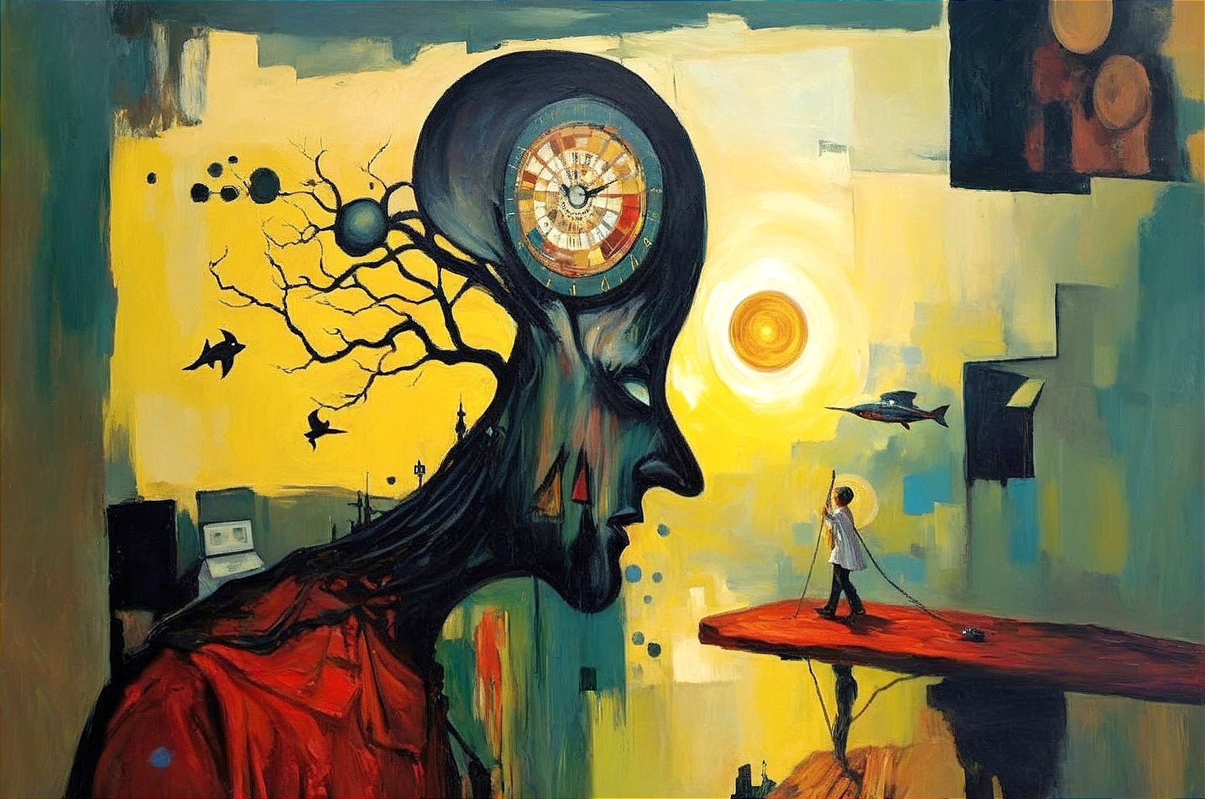 Surreal Landscape with Giant Face and Celestial Elements