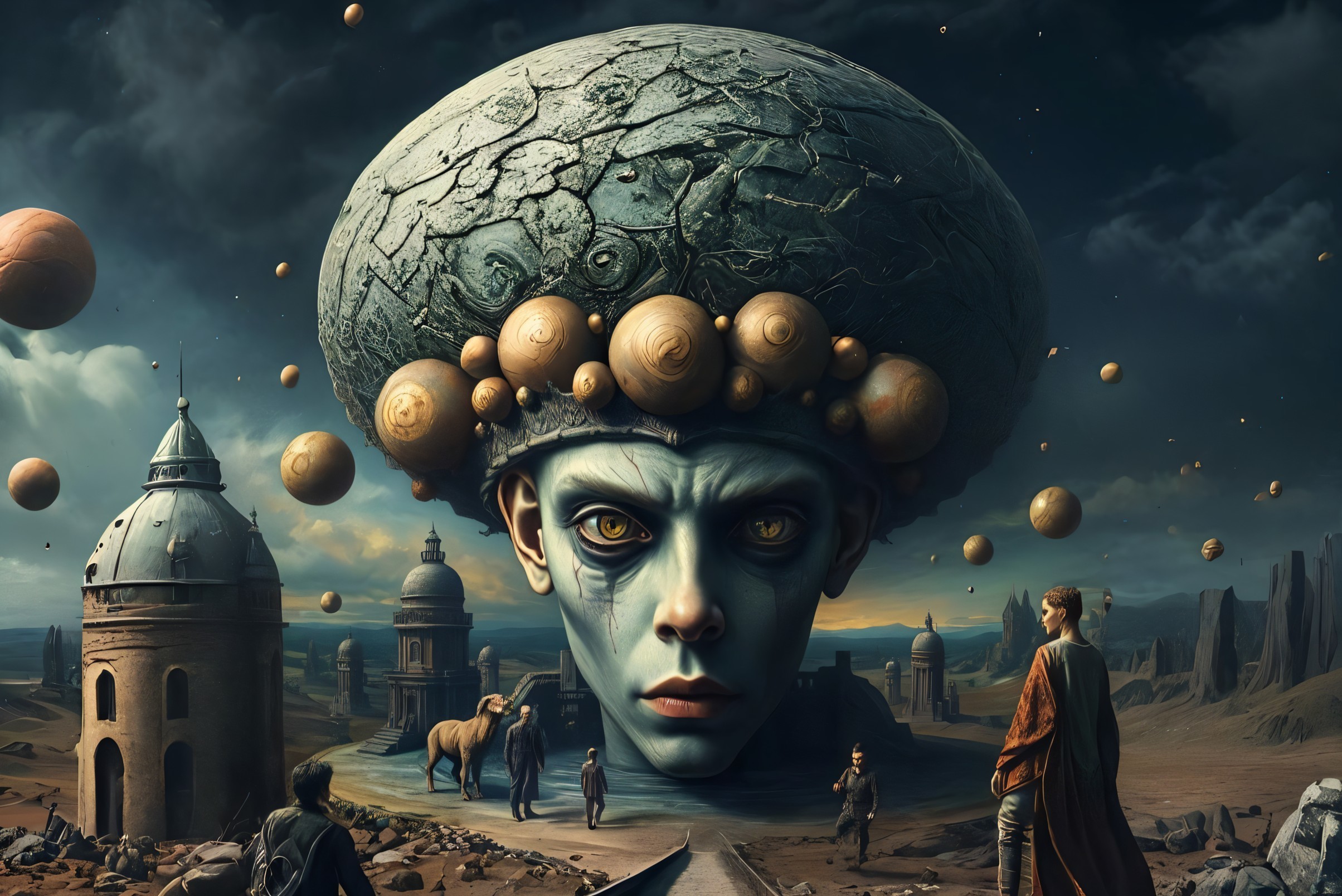 Surreal Landscape with Expressive Head and Whimsical Elements