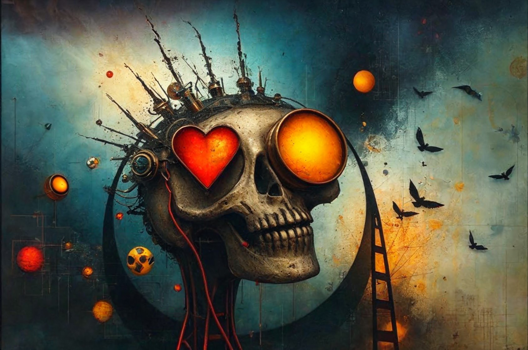 Surreal Skull with Orange Eyes and Heart Symbol