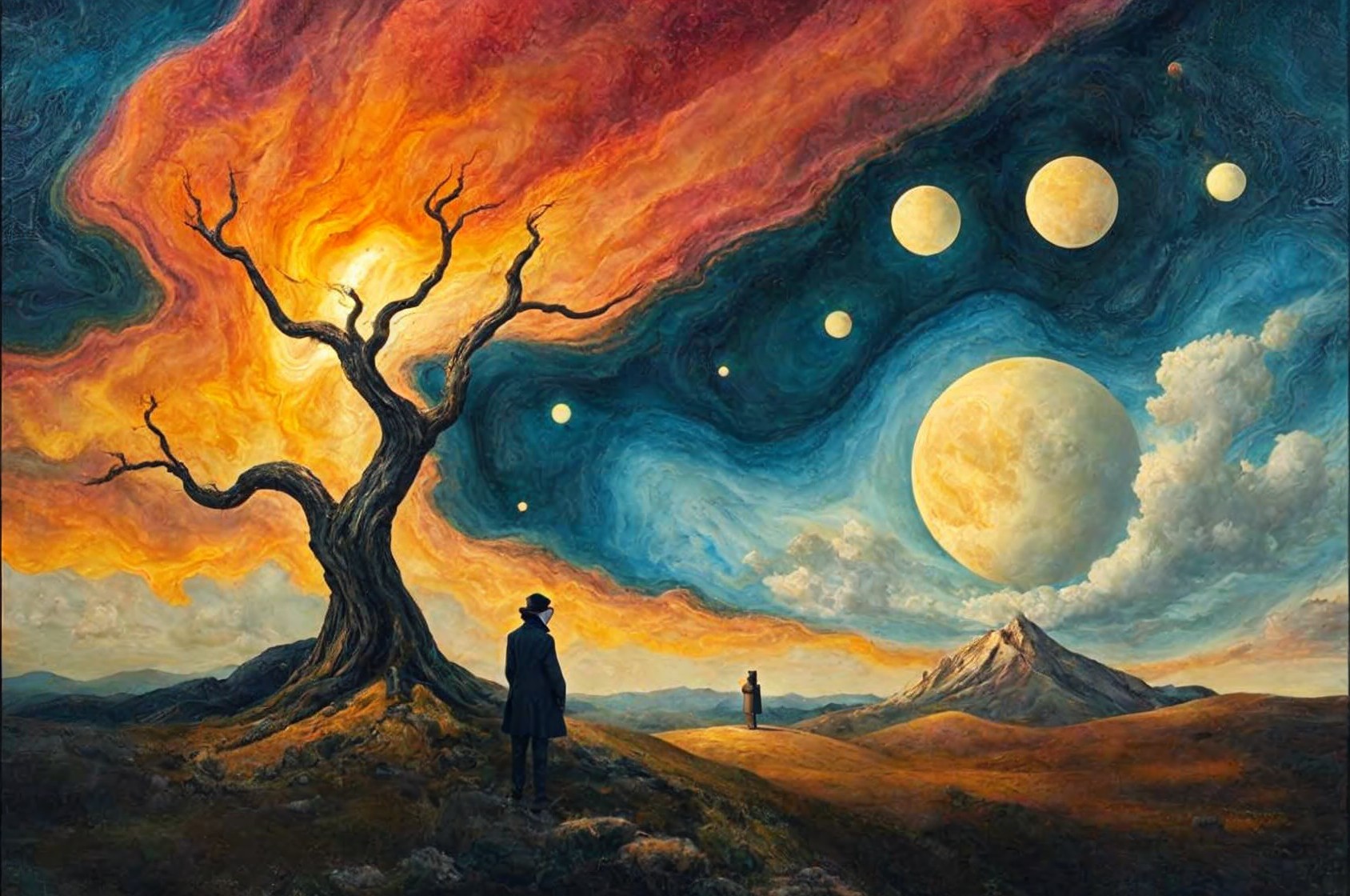 Surreal Landscape with Gnarled Tree and Cosmic Sky