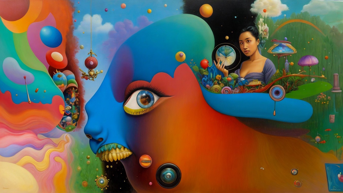 Surreal Painting with Colorful Face and Nature Elements